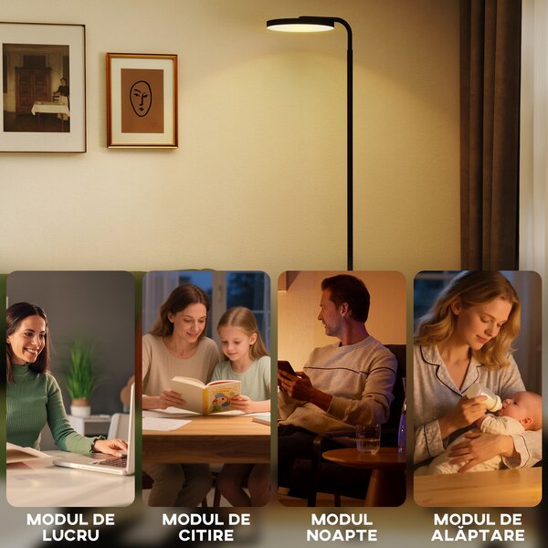 HOMCOM Lampă de Podea LED cu Cap Rotativ la 350° și Telecomandă Magnetică, Reglaj Continuu 3000K-6500K, Negru | Aosom Romania