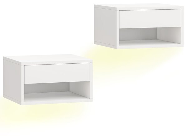 HOMCOM Set 2 Noptiere Suspendate cu LED RGB Integrat și Reglabil prin Aplicație, Sertar și Raft, 37x32x21 cm, Alb | Aosom Romania