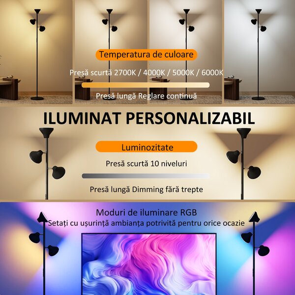 HOMCOM Lampă de Podea cu 3 Capete Reglabile Independent Φ25x170 cm Negru | Aosom Romania