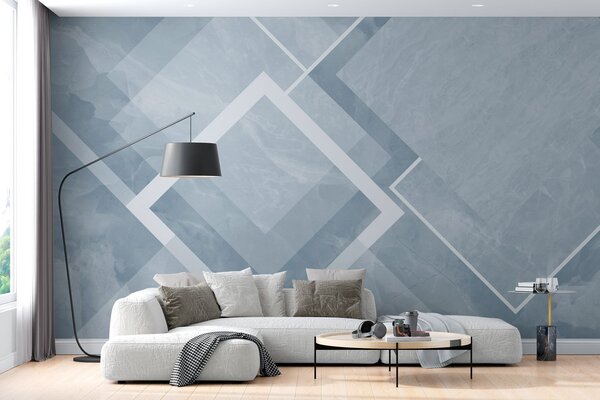 Fototapet Fundal albastru și alb cu pătrate și linii albe, Fototapet geometric 3D, Fototapet populare, w02062v3 - Tapeko.ro