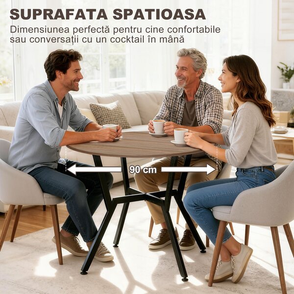 HOMCOM Masă Rotundă de Sufragerie pentru 2 Persoane cu Suport în X, Masă Modernă din Lemn și Oțel, Ø90x76 cm, Maro | Aosom Romania
