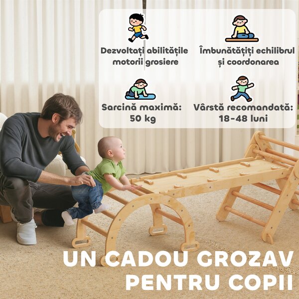 AIYAPLAY Joc pentru Copii 5 în 1 cu Triunghi, Tobogan Neted și Arc, din Lemn de Plop și Pin, 188x70x59 cm | Aosom Romania