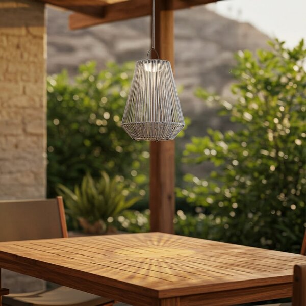 Lindby Lampa suspendată solară cu LED Austas, gri, Ø 32 cm, USB, IP54, reglabil, Gri, Plastic, Modern