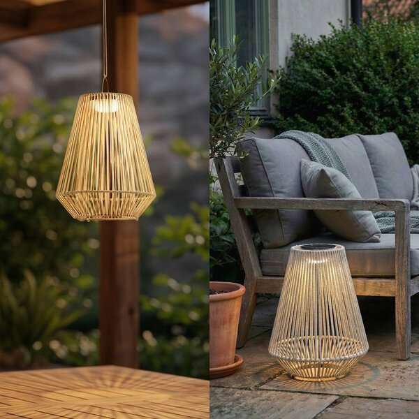 Lindby Lampa suspendată solară cu LED Austas, bej, Ø 32 cm, USB, IP54, reglabil, Bej, Plastic, Modern