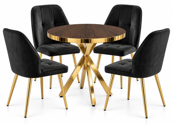 Set Masă Bucatarie Rotundă Tania X Wenge Gold cu 4 Scaune Elira Negre, Blat PAL, Picioare Aurii, Ø90 × 75 cm
