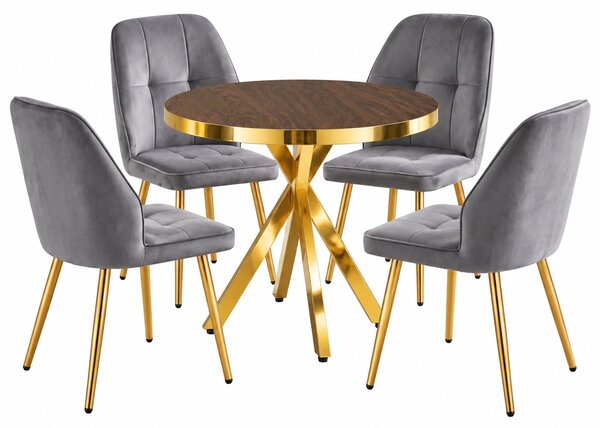 Set Masă Bucatarie Rotundă Tania X Wenge Gold cu 4 Scaune Elira Gri, Blat PAL, Picioare Aurii, Ø90 × 75 cm