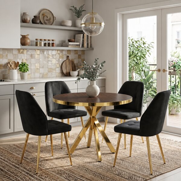 Set Masă Bucatarie Rotundă Tania X Wenge Gold cu 4 Scaune Elira Negre, Blat PAL, Picioare Aurii, Ø90 × 75 cm