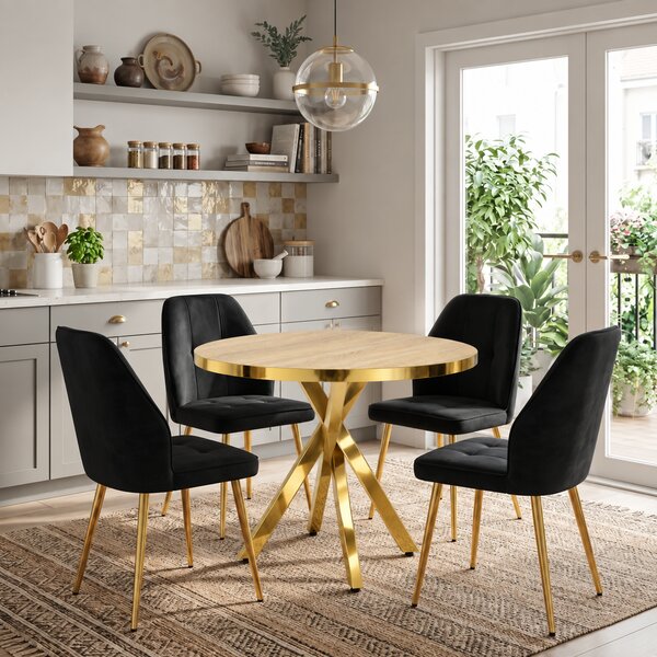 Set Masă Bucatarie Rotundă Tania X Stejar Gold cu 4 Scaune Elira Negre, Blat PAL, Picioare Aurii, Ø90 × 75 cm