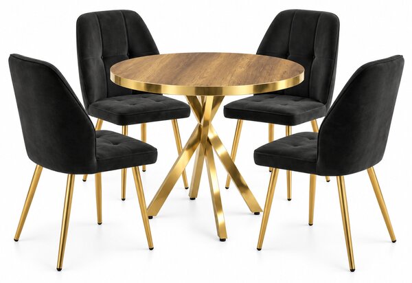 Set Masă Bucatarie Rotundă Tania X Nuc Gold cu 4 Scaune Elira Negre, Blat PAL, Picioare Aurii, Ø90 × 75 cm