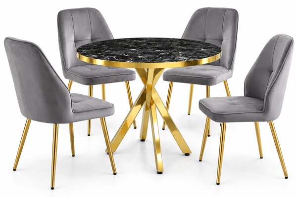 Set Masă Bucatarie Rotundă Tania X Negru Marmorat Gold cu 4 Scaune Elira Gri, Blat PAL, Picioare Aurii, Ø90 × 75 cm