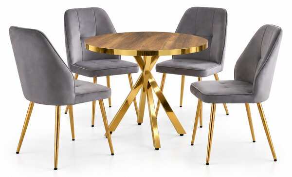 Set Masă Bucatarie Rotundă Tania X Nuc Gold cu 4 Scaune Elira Gri, Blat PAL, Picioare Aurii, Ø90 × 75 cm
