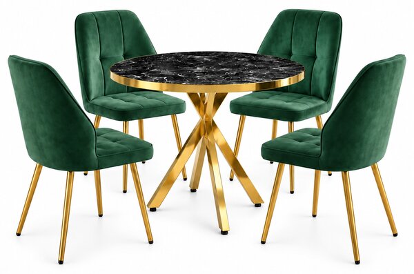 Set Masă Bucatarie Rotundă Tania X Negru Marmorat Gold cu 4 Scaune Elira Verzi, Blat PAL, Picioare Aurii, Ø90 × 75 cm