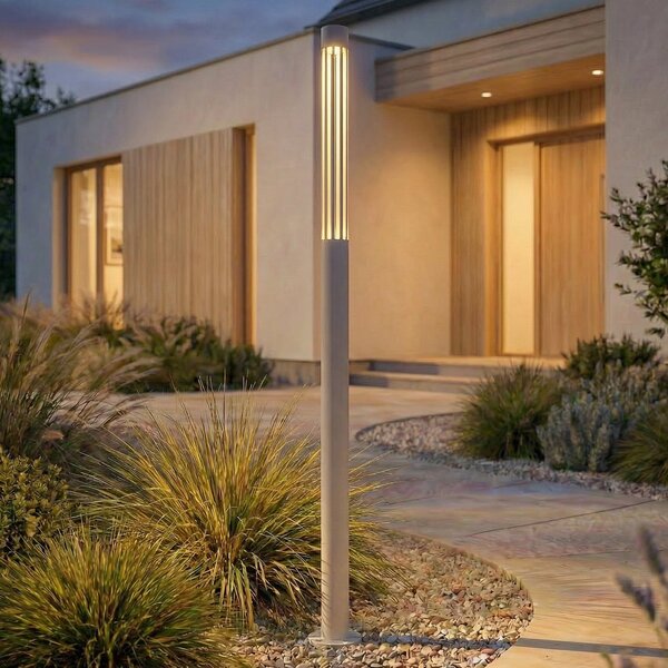 Lindby Bornă luminoasă LED pentru alee Fjorya, înălțime 90 cm, gri piatră, IP65, Gri, Aluminiu, Modern