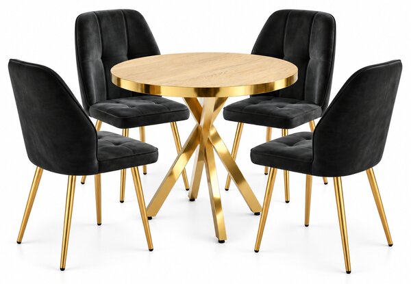 Set Masă Bucatarie Rotundă Tania X Stejar Gold cu 4 Scaune Elira Negre, Blat PAL, Picioare Aurii, Ø90 × 75 cm