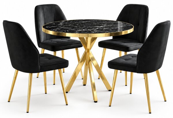 Set Masă Bucatarie Rotundă Tania X Negru Marmorat Gold cu 4 Scaune Elira Negre, Blat PAL, Picioare Aurii, Ø90 × 75 cm