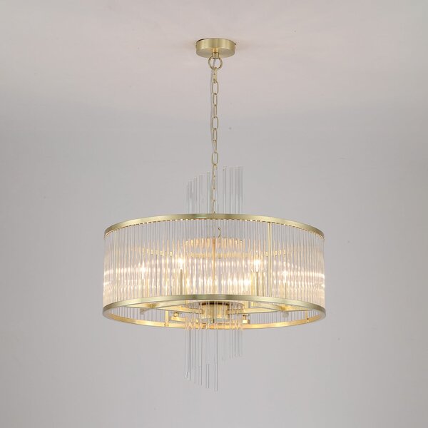 Searchlight Lampă suspendată Lara, Ø 55 cm, auriu/transparent, sticlă/metal, reglabil, Auriu / Alamă, Camera de zi / sufragerie, Sticlă