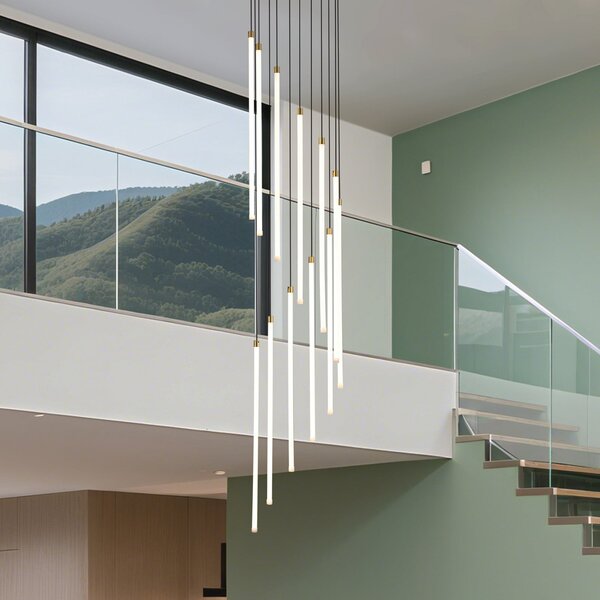 Searchlight Lampă suspendată LED Flare, culoare alamă, Ø 35 cm, CCT, 12 becuri, reglabil, Auriu / Alamă, Camera de zi / sufragerie, Metal
