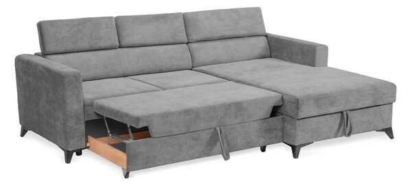Colțar Extensibil MIZZONI, cu lada depozitare, tetiere reglabile, 250 x 175 x 94 cm, Gri-Run-Again / Stanga