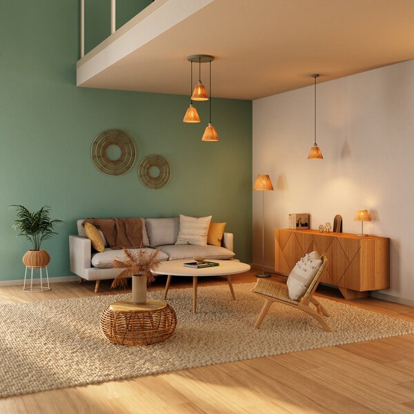 OSRAM Lampă suspendată Decor Raffia, 3 becuri rotundă, rafia, naturală, reglabil, Maro / Rugină, Camera de zi / sufragerie, Altele, Casă de țară / Rustic