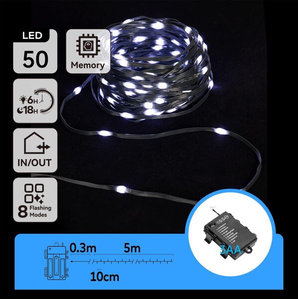 Aigostar - Ghirlandă LED pentru exterior, 50xLED/8 funcții, 3xAA, 5,3 m, IP44, alb rece