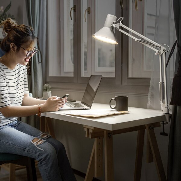 OSRAM Lampa cu clemă LED Office Line Desk Retro, albă, 3.000 K, reglabil, Alb, Studiu / Birou, Metal