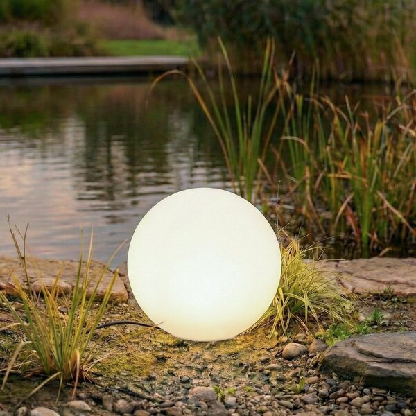 Lindby Lampa cu bilă Valyra, Ø 40 cm, IP54, țăruș pentru fixare în pământ, Alb, Plastic, Modern