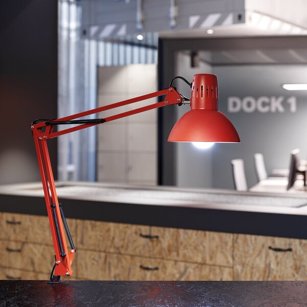 Maul Lampă cu clemă LED MAULstudy, roșie, oțel, înălțime 44 cm, E27, Roșu, Studiu / Birou, Metal, Birou de masă