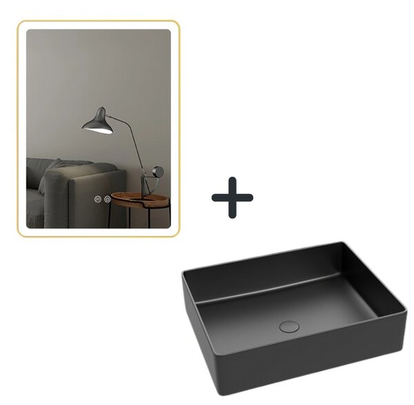 Set lavoar baie negru mat cu ventil inclus plus oglinda cu iluminare LED si dezaburire