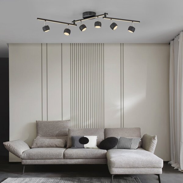 JUST LIGHT. GmbH Spot LED pentru tavan Jarik, 6 becuri, negru, 3.000 K, reglabil, Negru, Camera de zi / sufragerie, Metal, Modern
