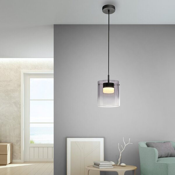 JUST LIGHT. GmbH Lampă suspendată LED Elio, sticlă fumurie, 1 bec, negru, reglabil, Gri, Camera de zi / sufragerie, Sticlă, Modern