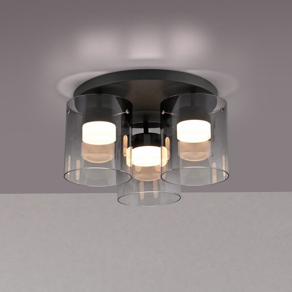 JUST LIGHT. GmbH Plafonieră LED Elio sticlă fumurie, 3 becuri, negru, reglabil, Gri, Camera de zi / sufragerie, Sticlă, Modern