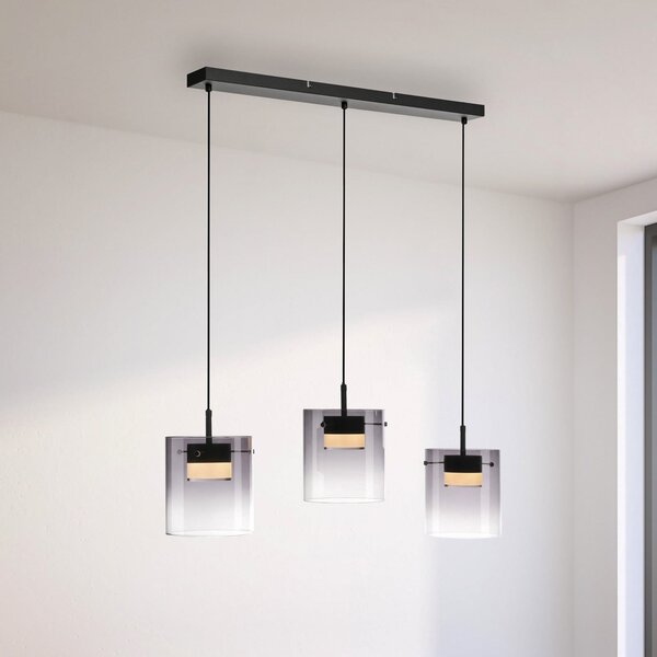 JUST LIGHT. GmbH Lampă suspendată LED Elio, sticlă fumurie, 3 becuri, negru, reglabil, Gri, Camera de zi / sufragerie, Sticlă, Modern