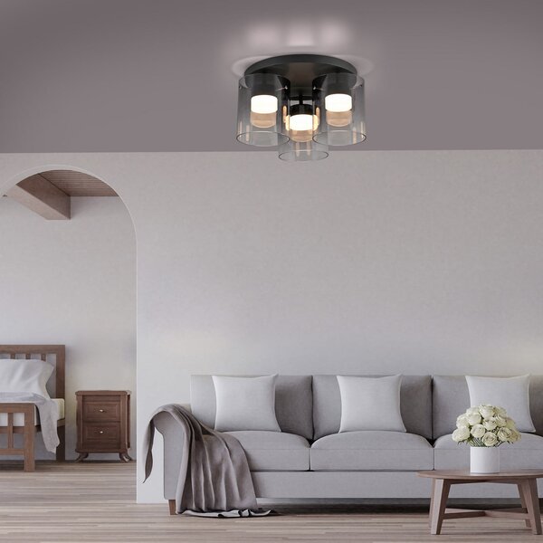 JUST LIGHT. GmbH Plafonieră LED Elio sticlă fumurie, 3 becuri, negru, reglabil, Gri, Camera de zi / sufragerie, Sticlă, Modern