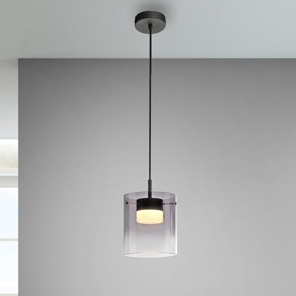 JUST LIGHT. GmbH Lampă suspendată LED Elio, sticlă fumurie, 1 bec, negru, reglabil, Gri, Camera de zi / sufragerie, Sticlă, Modern