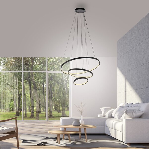 JUST LIGHT. GmbH Lampă suspendată LED Cerchi, negru, 3.000 K, Negru, Camera de zi / sufragerie, Metal, Modern