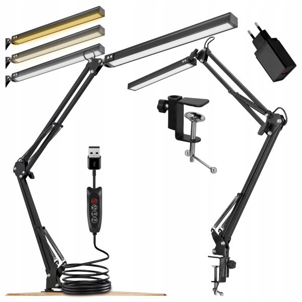 Lampă de birou LED reglabilă cu clemă, 10W, 5V, 3000/4000/6000K, neagră