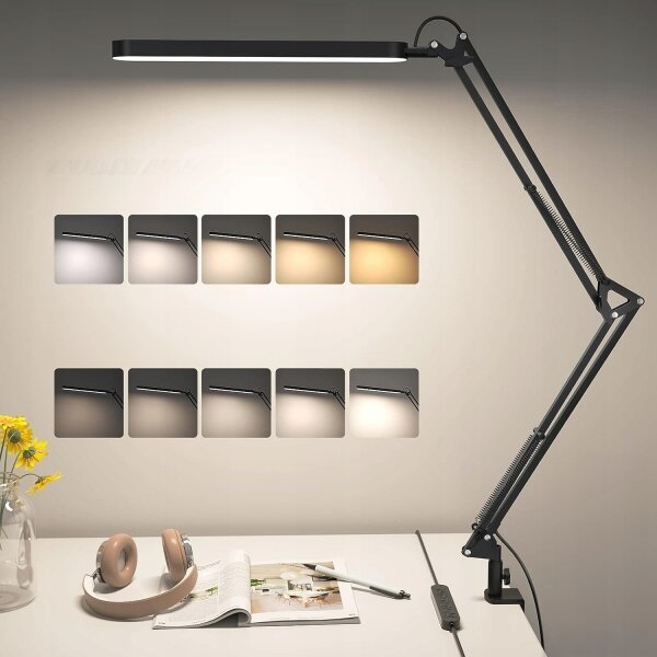 Lampă de birou LED reglabilă cu clemă, 10W, 5V, 3000/4000/6000K, neagră