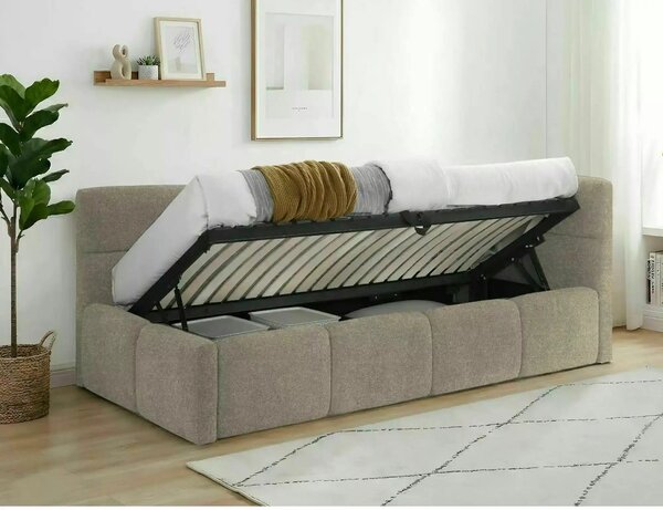 Pat EMMA 90x200, bej închis, stofă/lemn, cu spațiu de depozitare