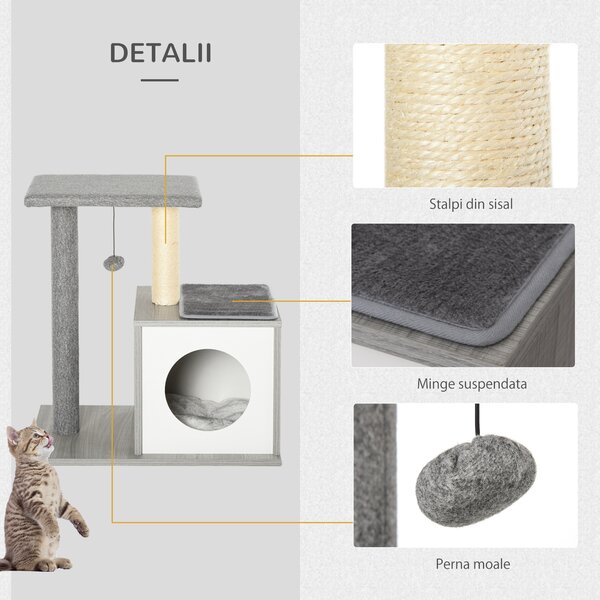 PawHut Centru de Activități pentru Pisici, Culcuș cu Pernă Detașabilă, Stâlp din Sisal, Design Modern, Gri | Aosom Romania