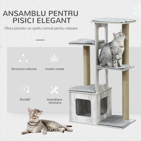 PawHut Copac Zgâriat Pisici, Multinivel, Căsuță, Frânghii Iuta, Design Compact, 67x38.5x114 cm, Gri | Aosom Romania
