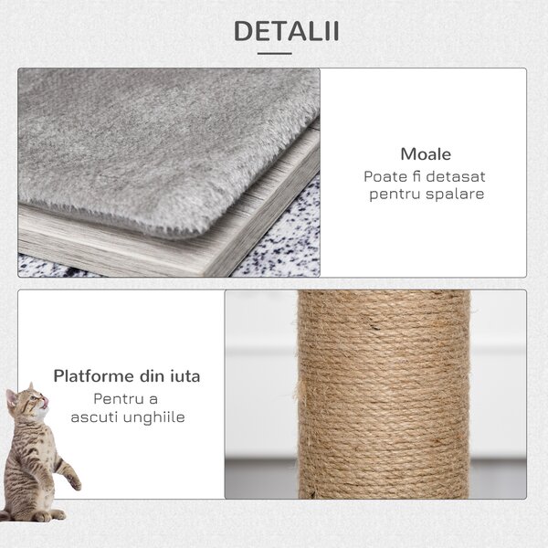 PawHut Copac Zgâriat Pisici, Multinivel, Căsuță, Frânghii Iuta, Design Compact, 67x38.5x114 cm, Gri | Aosom Romania