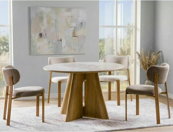 Masă ALZANO, alb lucios/stejar, ceramică/furnir/MDF, Ø120x77 cm