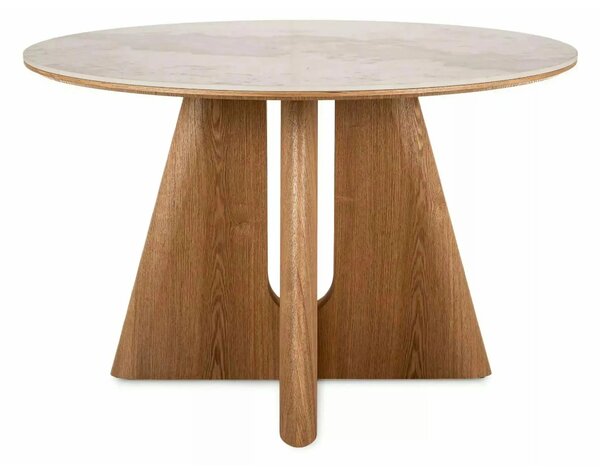 Masă ALZANO, alb lucios/stejar, ceramică/furnir/MDF, Ø120x77 cm