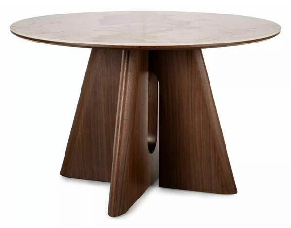 Masă ALZANO, alb lucios/nuc, ceramică/furnir/MDF, Ø120x77 cm
