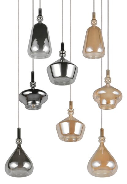 Trio Lighting Lampă suspendată Aldea, Ø 60 cm, alb/chihlimbar/crom, sticlă, 8 becuri., reglabil, Bej, Camera de zi / sufragerie, Sticlă