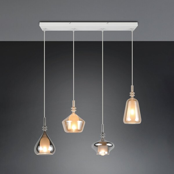 Trio Lighting Lampă suspendată Aldea, lungime 65 cm, sticlă albă/chihlimbar/crom, 4 becuri, reglabil, Bej, Camera de zi / sufragerie, Sticlă
