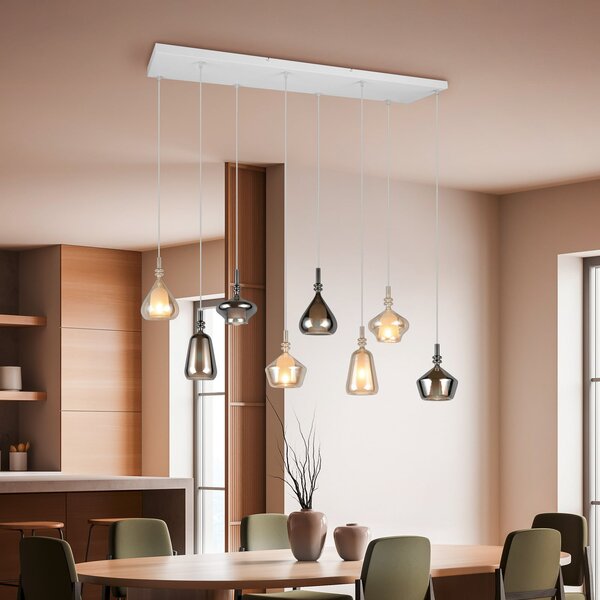 Trio Lighting Lampă suspendată Aldea, lungime 115 cm, sticlă albă/chihlimbar/crom, 8 becuri., reglabil, Bej, Camera de zi / sufragerie, Sticlă