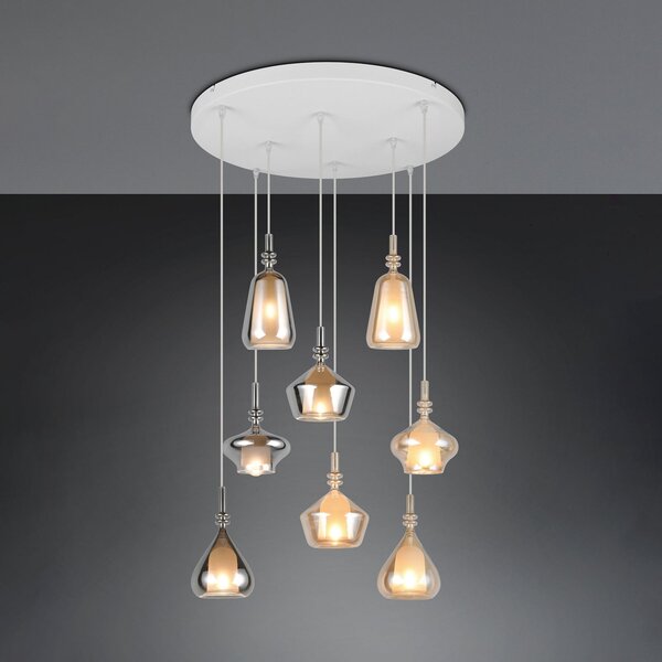 Trio Lighting Lampă suspendată Aldea, Ø 60 cm, alb/chihlimbar/crom, sticlă, 8 becuri., reglabil, Bej, Camera de zi / sufragerie, Sticlă