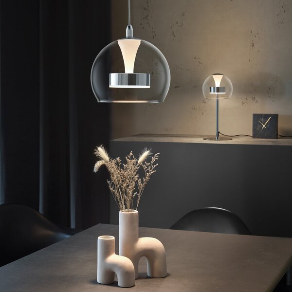 Trio Lighting Lampă suspendată LED Flynt, Ø 20 cm, cromată, metal/sticlă, CCT, reglabil, Metalic, Camera de zi / sufragerie, Metal, Modern