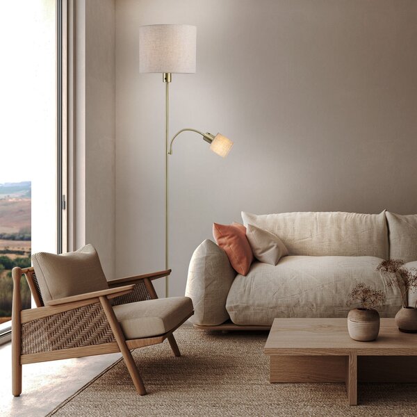 Näve Lampadar Filomena, bej/alamă, textil, braț de citit, E27, E14, Bej, Camera de zi / sufragerie, Țesătură / Textil, Lumină de lectură